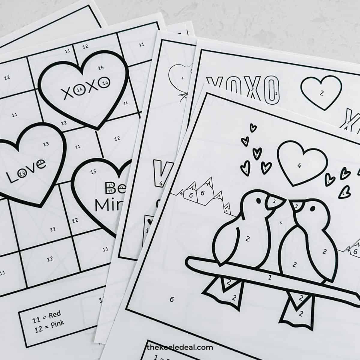 valentines color by number printable worksheets for kids